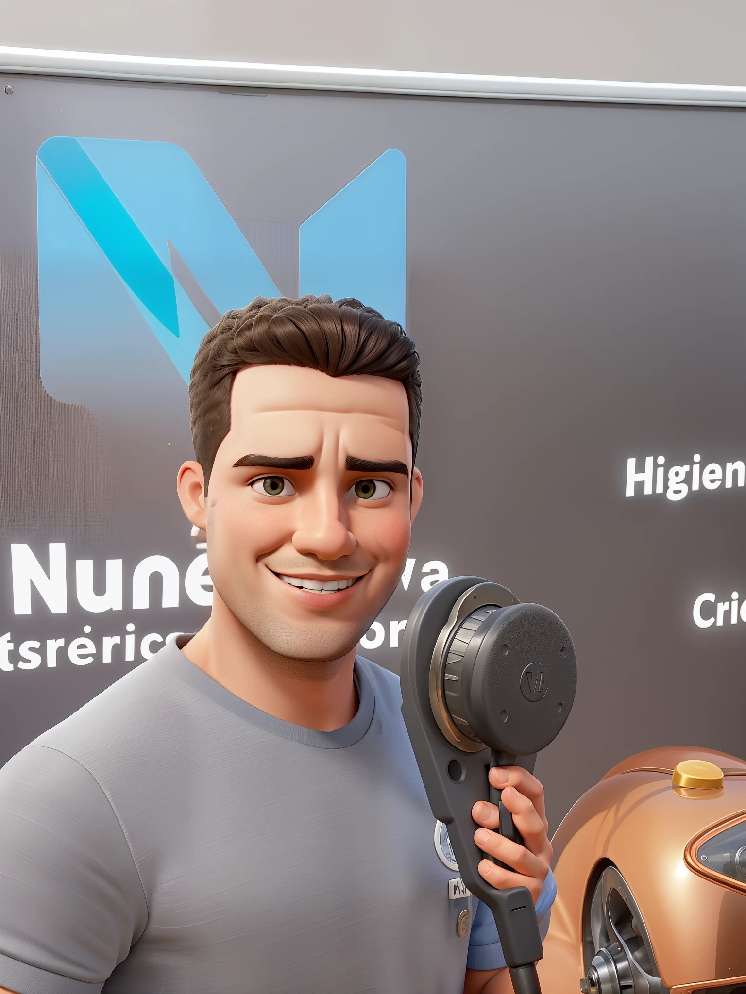 There's a man holding a polishing machine in front of a sign, Serge Minhulin, Nasreddine Dinet, Miguel Iglesias, Maurina Pierre;, bela vista, Harry Nukem, Mohamed Chahin, bom tempo, Directed by: Willian Murai, Andrew Our, Miguel Vicente, foto de perfil profissional, imagem profissional, Ronaldo Nazario Fenomeno
