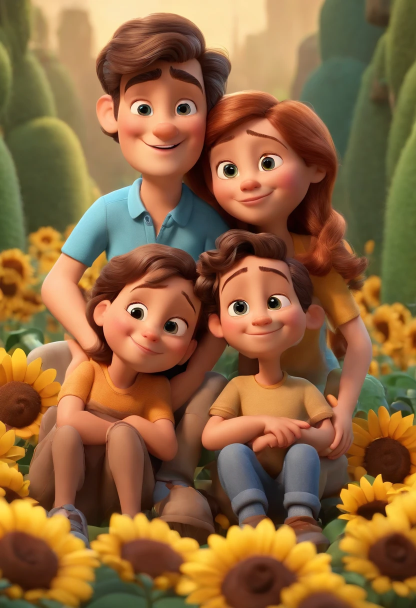 Create a Disney PIXAR-style 3D poster, ((3 children)) ((2 meninos no meio e 1 menina ao lado, They're hugging each other, Um menino tem pele branca e cabelos castanhos escuros e olhos castanhos escuros, outro menino menor tem cabelos dourados e olhos castanhos claros, 1 menina tem pele clara, olhos e cabelos dourados claros e lisos ((tudo isso no estilo Disney PIXAR 3D, In the background, A house of sunflowers, Gloria Studio, The garden is full of nature 3D render RTX clay material, estilo de design cartunesco, POP Mart, soft lighting, linhas suaves, Spring tilt, Detailed illustrations of PIXAR 3D, Detalhes hiper-realistas, cor quente no estilo Disney PIXAR 3D))