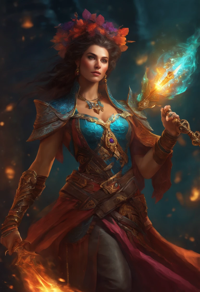 fantasy dnd style character, war mage, elaborate weapons, colorful, full body