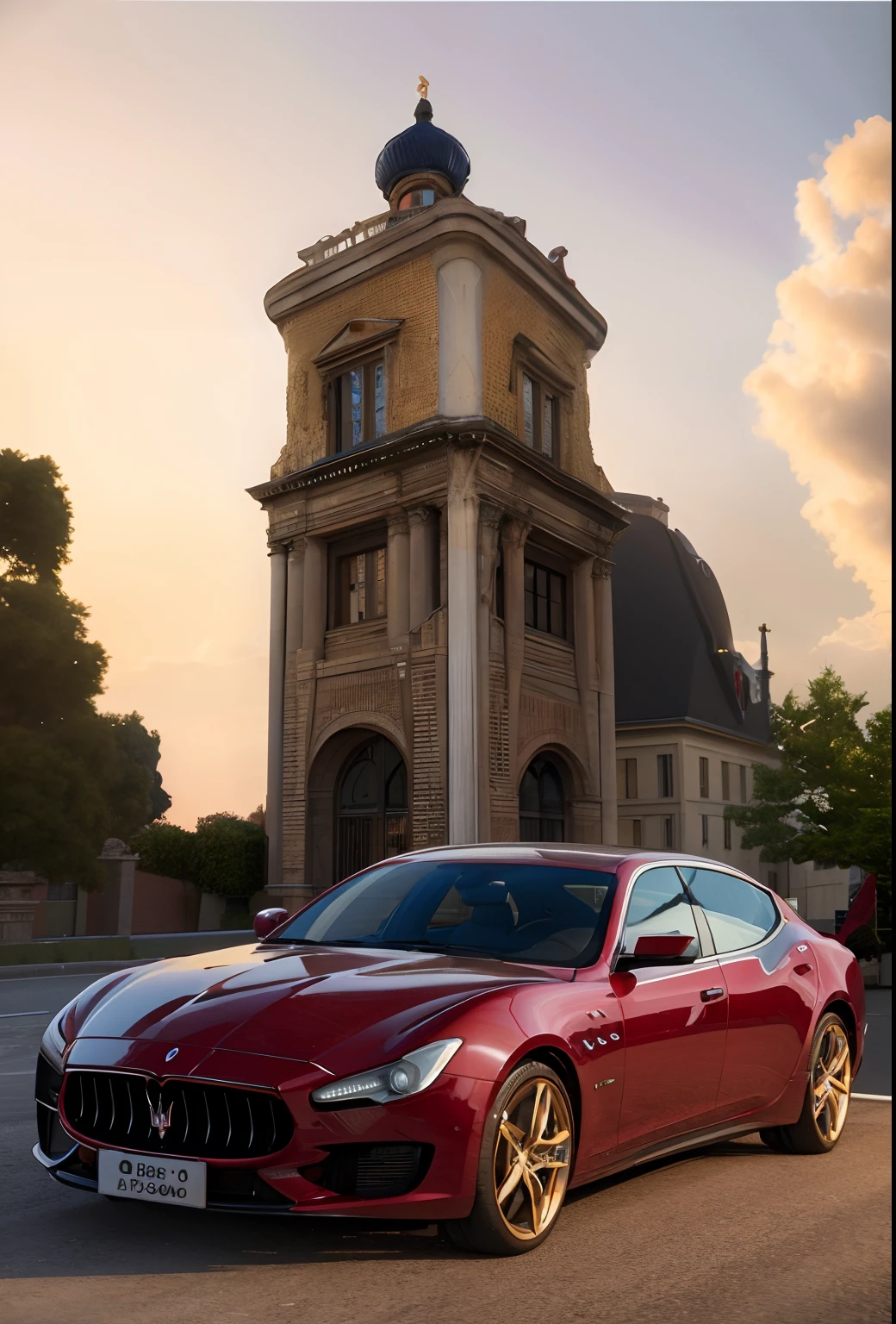 Picture of a Maserati parked in front of a building, inspired by Bernardo Cavallino, auto photography, vehicle photography, automotive photography, inspired by Harry Haenigsen, automotive photography, classicism artstyle, photographic render, 3 d render and matte painting, 3 d hyper realistic render, made with photoshop, hyper realistic detailed rendering, photo realistic render