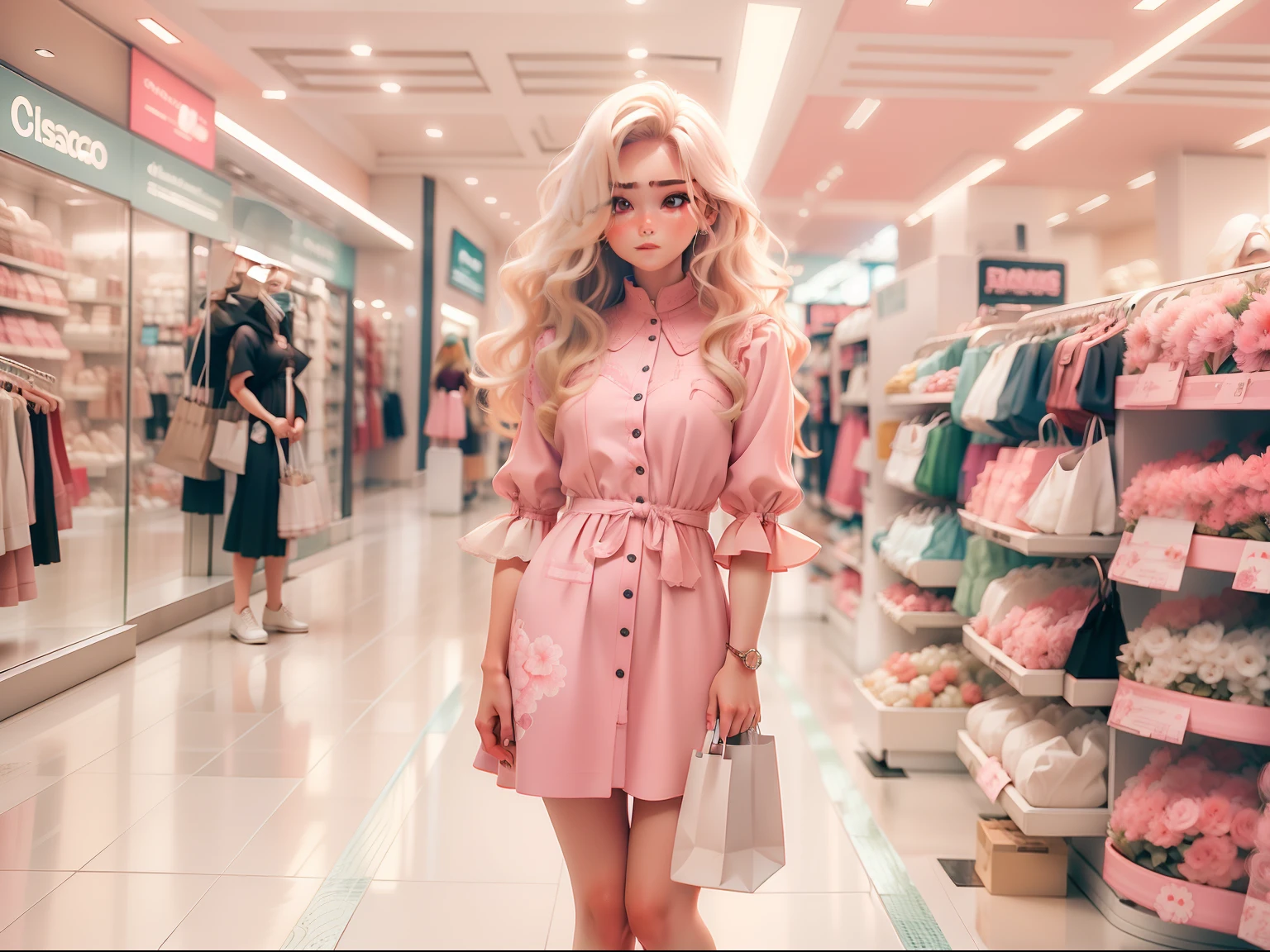 A girl standing with wavy blond hair , olhos castanhos claros,com um vestido rosa claro em um shopping na escada rolante seios volumosos alta com um rosto corado uma bolsa branca