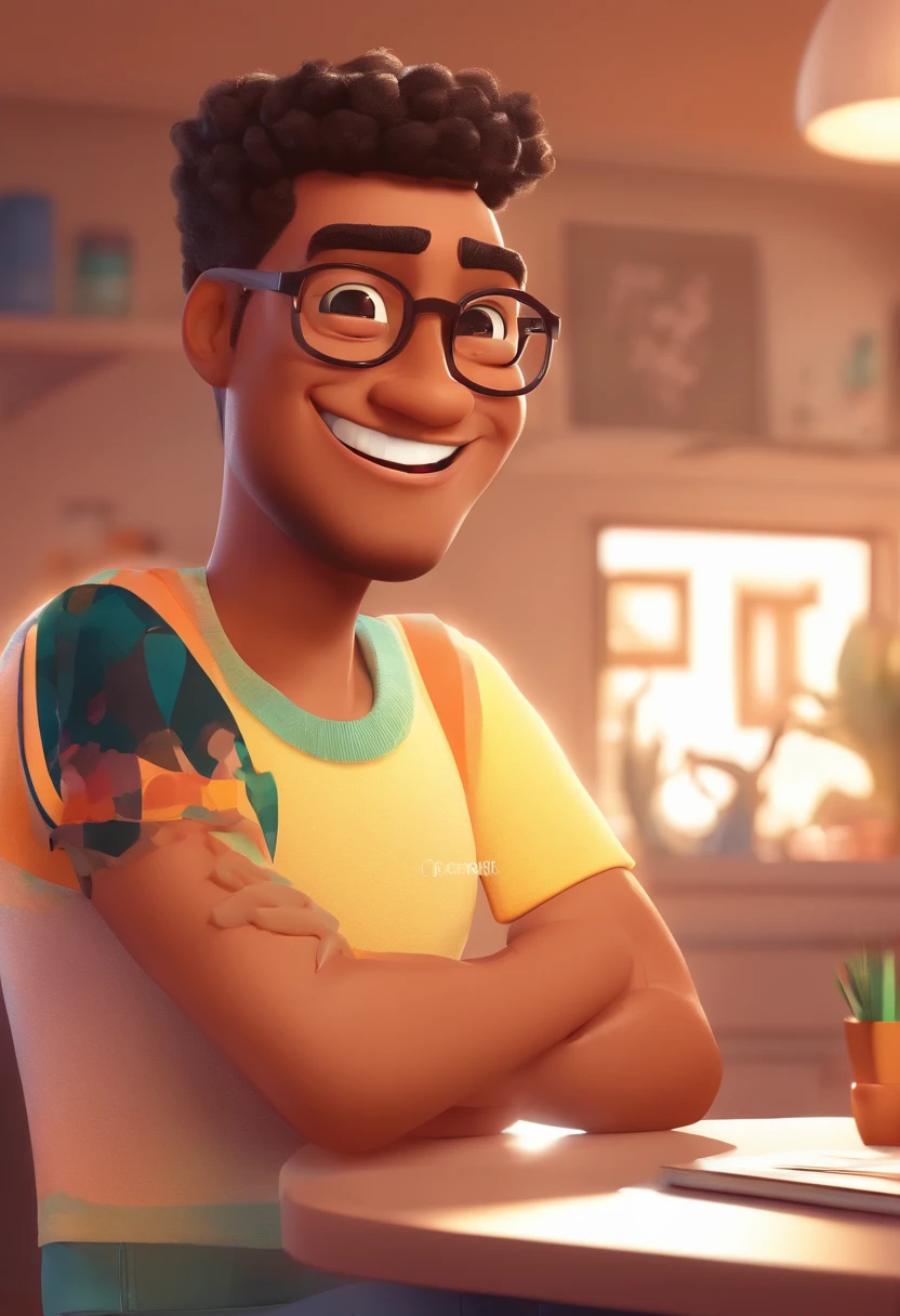 An illustration of an adorable couple, Highlight for a chubby mulatto man with glasses smiling and a brunette woman with beautiful expressive eyes - the man's skin is mulatto and the man's hair haswhile the woman's skin is black and the woman's hair is straight and brown. They are a bright room, cada um com um sorriso no rosto, e compartilhar um momento especial caracterizado pelo amor, Insights. Illustrate this scene from a perspective where they are facing the camera, Smiling and Showing Your Connection. Desenvolva esta arte em Full HD, Focus on your cinematic touch, Estilo Disney Pixar Animations