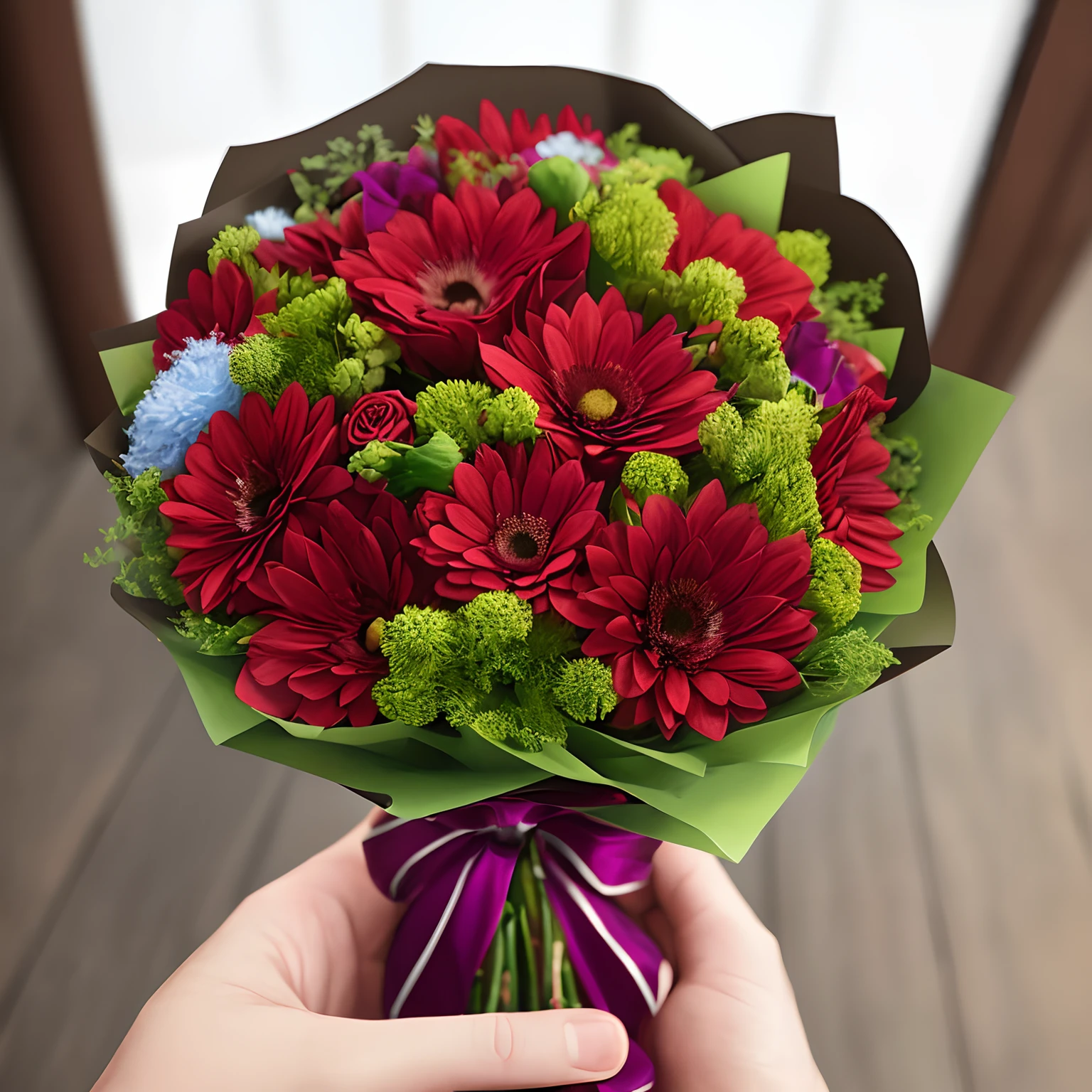 Create a hand holding a bouquet of red flowers