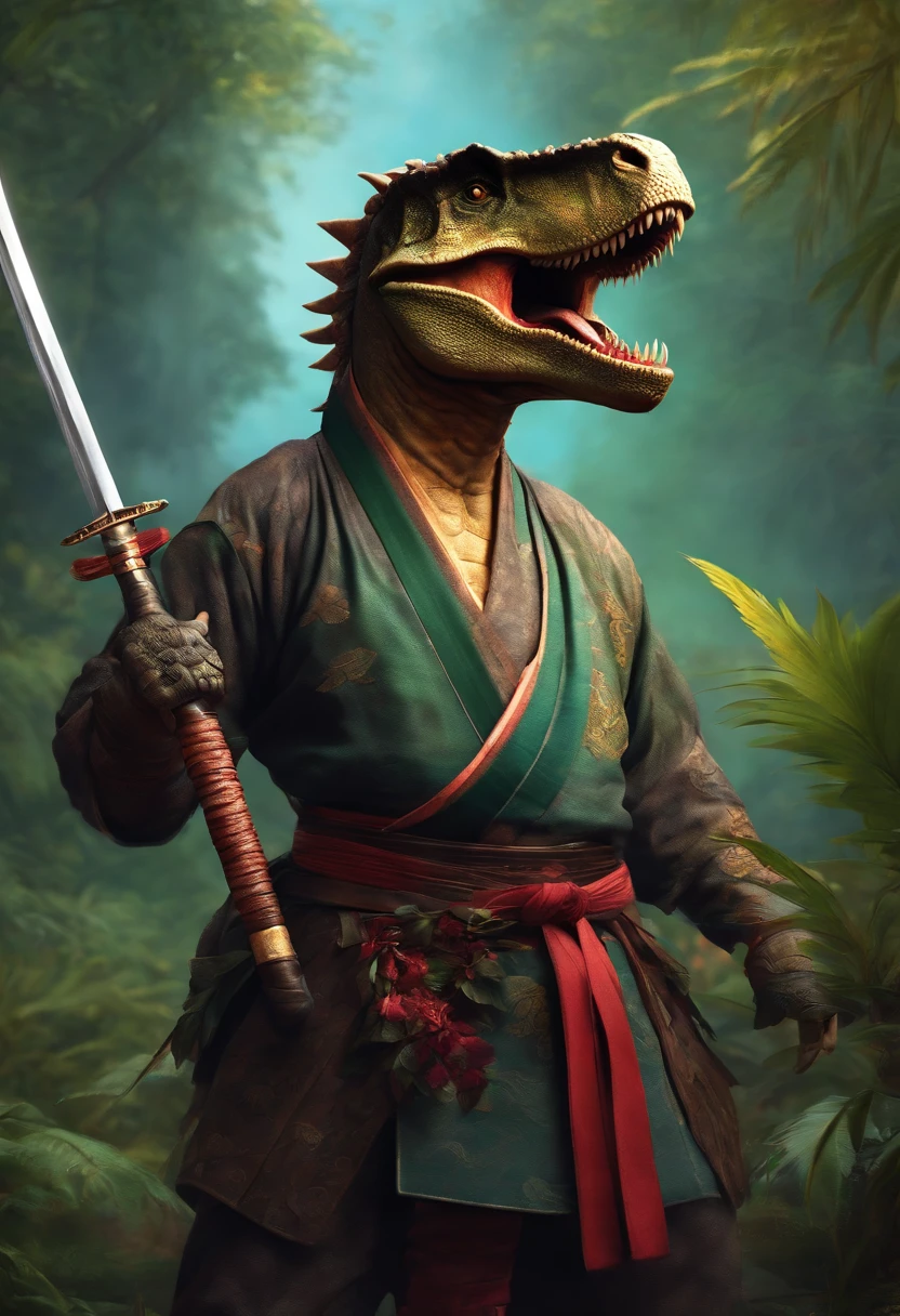 A dinosaur in samurai clothes holding a katana in one hand