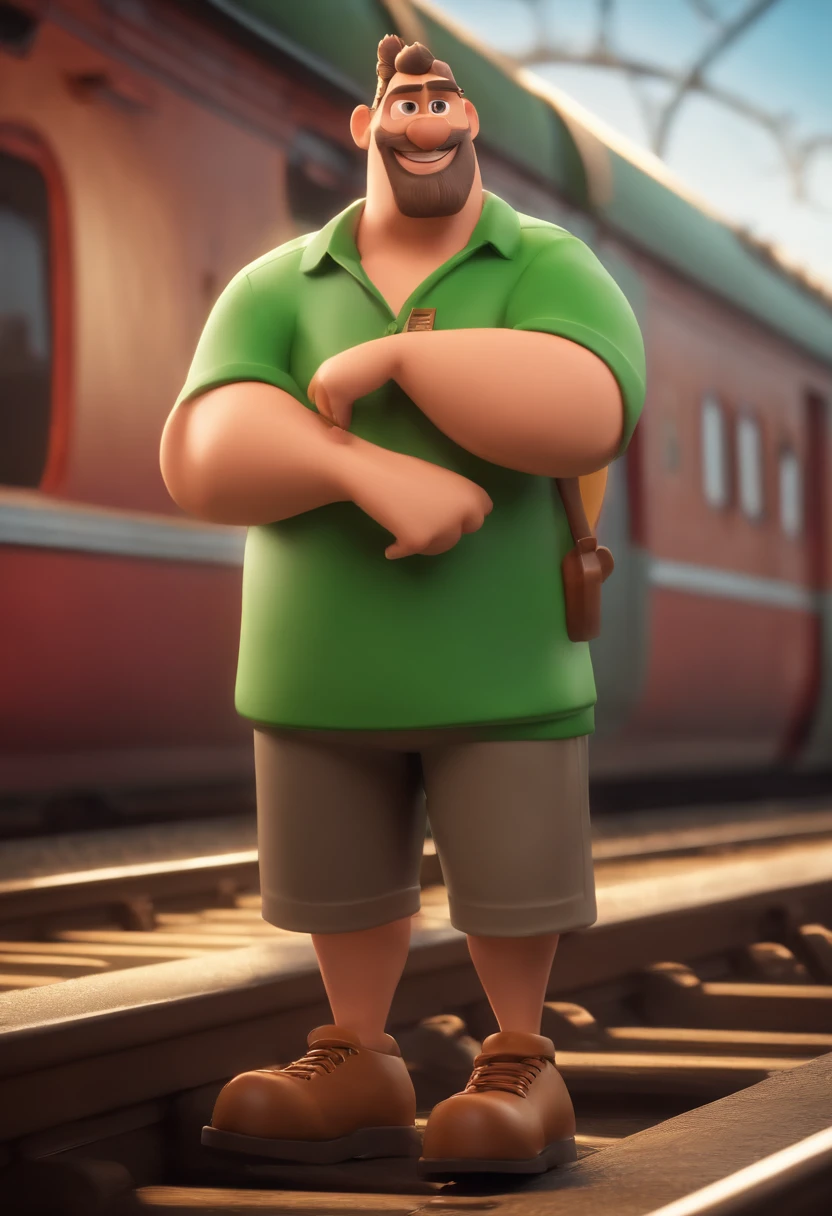 Cartoon character of a man in green subway shirt , Fat animation character with beard and short, Caractere estilizado, animation style rendering, 3D estilizado, Arnold Maya render, 3 d render stylized, toon render keyshot, Personagem 3D, Personagem 3D, 3d rendering stylized, 3 d character render, personagem de desenho animado, Personagem de close up, Pose de personagem, (Estilo Pixar) (master part:1.2) (Bokeh) (best quality) (pele detalhada) (textura detalhada) (8k) (argila) (Cinematic lighting) (Sharp focus with a train behind it .
