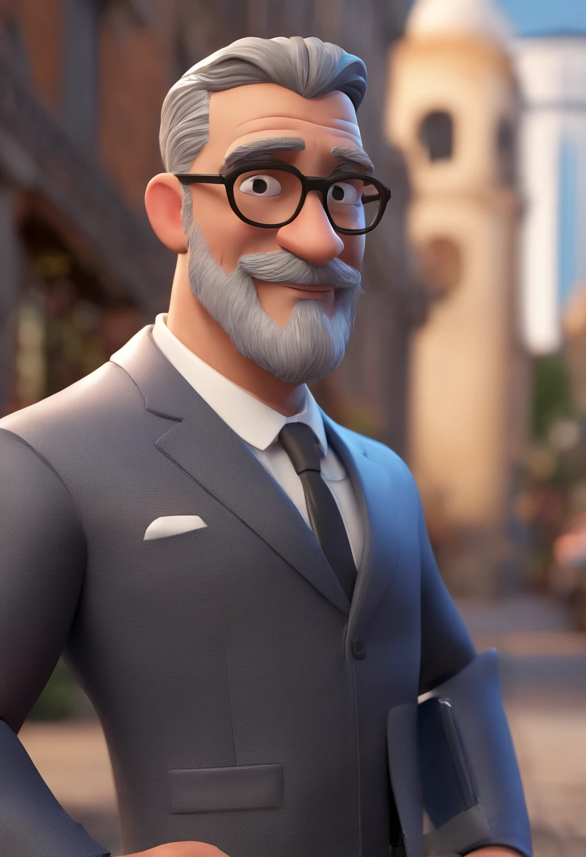 Cartoon character of a man with rectangular black glasses in a pulpit with suit and a blue shirt, With a gray beard and bible in his hand,animation character, Caractere estilizado, animation style rendering, 3D estilizado, Arnold Maya render, 3 d render stylized, toon render keyshot, Personagem 3D, Personagem 3D, 3d rendering stylized, 3 d character render, personagem de desenho animado, Personagem de close up, Pose de personagem,  (Estilo Pixar) (master part:1.2) (Bokeh) (best quality) (pele detalhada) (textura detalhada) (8k) (argila) (Cinematic lighting) (foco nítido