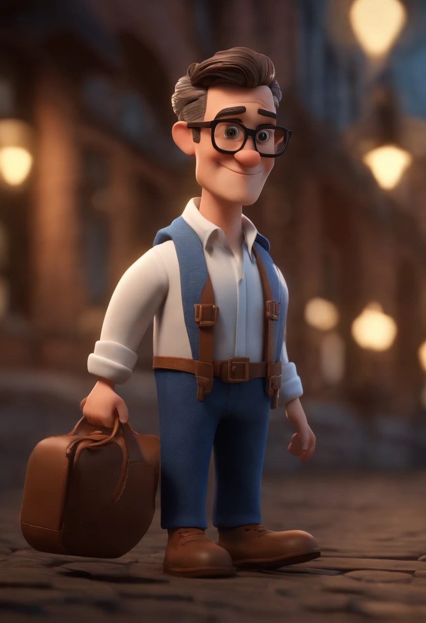 Cartoon character of a man with black glasses, cabelo cacheado marrom escuro e uma camisa azul, animation character, Caractere estilizado, animation style rendering, 3D estilizado, Arnold Maya render, 3 d render stylized, toon render keyshot, Personagem 3D, Personagem 3D, 3d rendering stylized, 3 d character render, personagem de desenho animado, Personagem de close up, Pose de personagem, (Estilo Pixar) (master part:1.2) (Bokeh) (best quality) (pele detalhada) (textura detalhada) (8k) (argila) (Cinematic lighting) (foco nítido