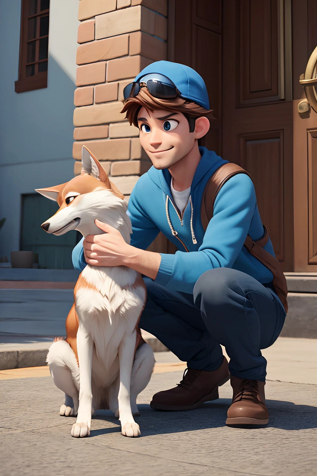 Pixar 3D inspirado na Disney capturando uma cena com um homem com seus 35 anos mulato completamente careca e sem barba, with manly biotype, Wearing an aviator-style prescription glasses, passeando na rua com seu lobo adulto de pelo todo branco e olhos azuis. He's excitedly petting his wolf, mostrando a sua felicidade.