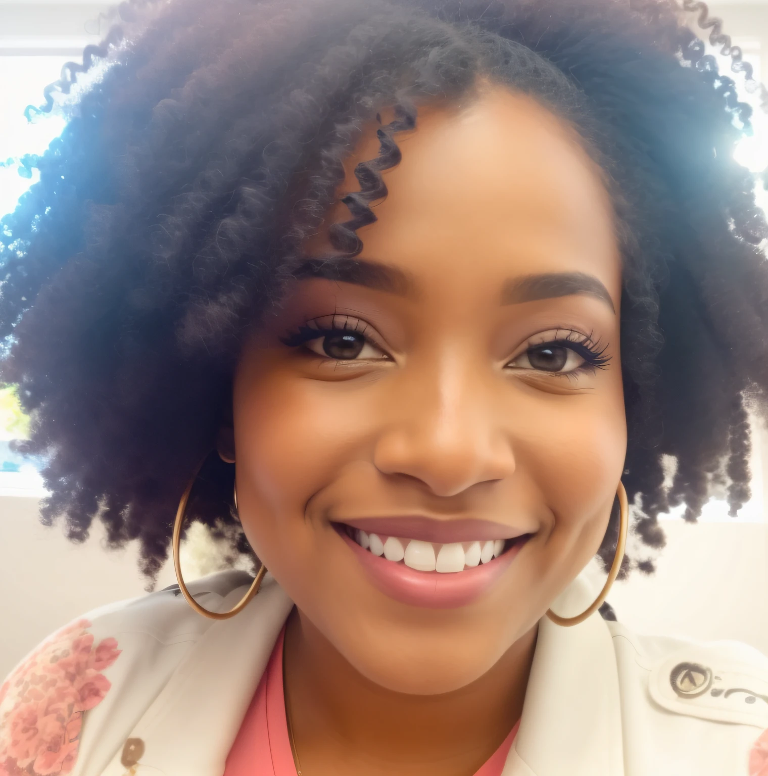 mulher sorridente com aparelhos e uma jaqueta em um quarto, foto de perfil headshot, foto do perfil, imagem de perfil, com afro, cabelos naturais, afro encaracolado, foto de perfil profissional, seu rosto emoldurado com cachos, Incrivelmente bonito, taken in the early 2020s, Demessance Kezie, imagem profissional, foto de uma mulher negra, Miranda Meeks