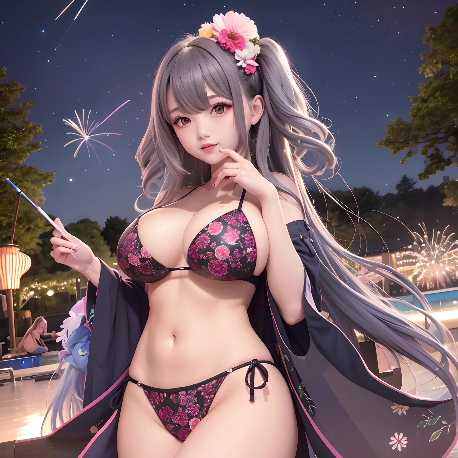 The upper part of the body、one girls、greyt hair、Curly hair、Floral string bikini、Underbust、Tremendously large breasts、gravure model,Gravure Pose、Japan anime-style odd-eye,in poolside、nighttime scene、Beautiful fireworks in the night sky、 Angle looking up from below