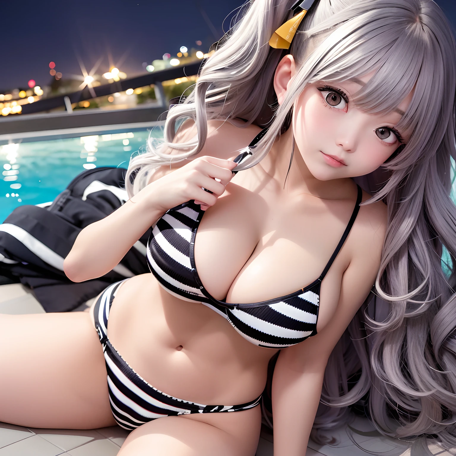 The upper part of the body、one girls、greyt hair、Curly hair、Zebra print bra、very large breast、gravure model,Gravure Pose、Japan anime-style odd-eye,in poolside、nighttime scene、Beautiful fireworks in the night sky、 Angle looking up from below、