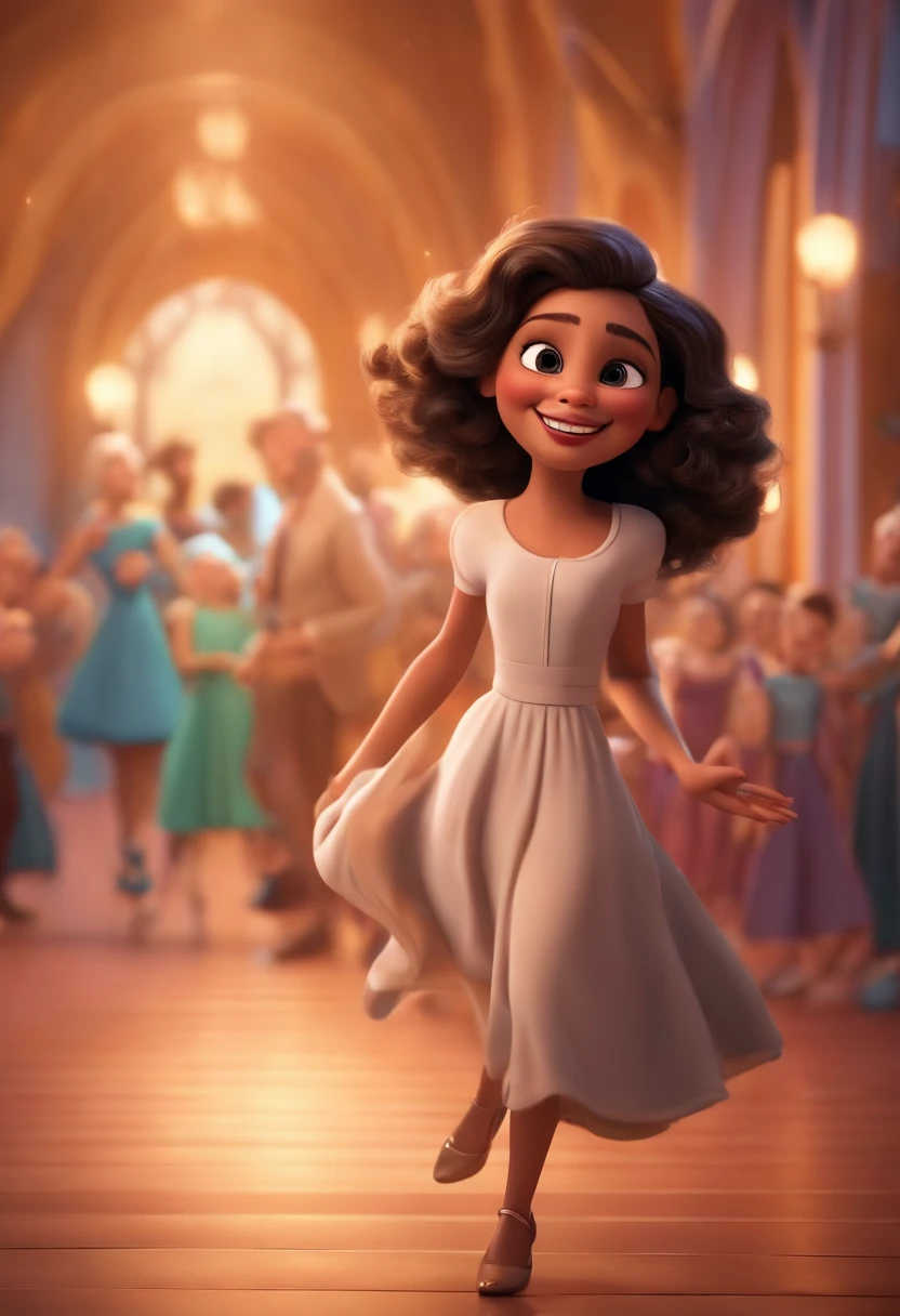 "(best quality,ultra-detalhado,Realistic:1.37),3D rendering,illustration,design de personagens,cabelos curtos e cacheados escuros,belos olhos detalhados,wearing white glasses,Estilo Pixar,morena mulher,Dancing on the Disney stage,atmosfera animada,vivid colors,luzes de palco,expression joyful"