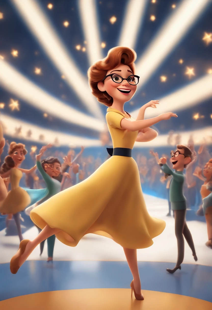 "(best quality,ultra-detalhado,Realistic:1.37),3D rendering,illustration,design de personagens,cabelos curtos e cacheados escuros,belos olhos detalhados,wearing white glasses,Estilo Pixar,morena mulher,Dancing on the Disney stage,atmosfera animada,vivid colors,luzes de palco,expression joyful"