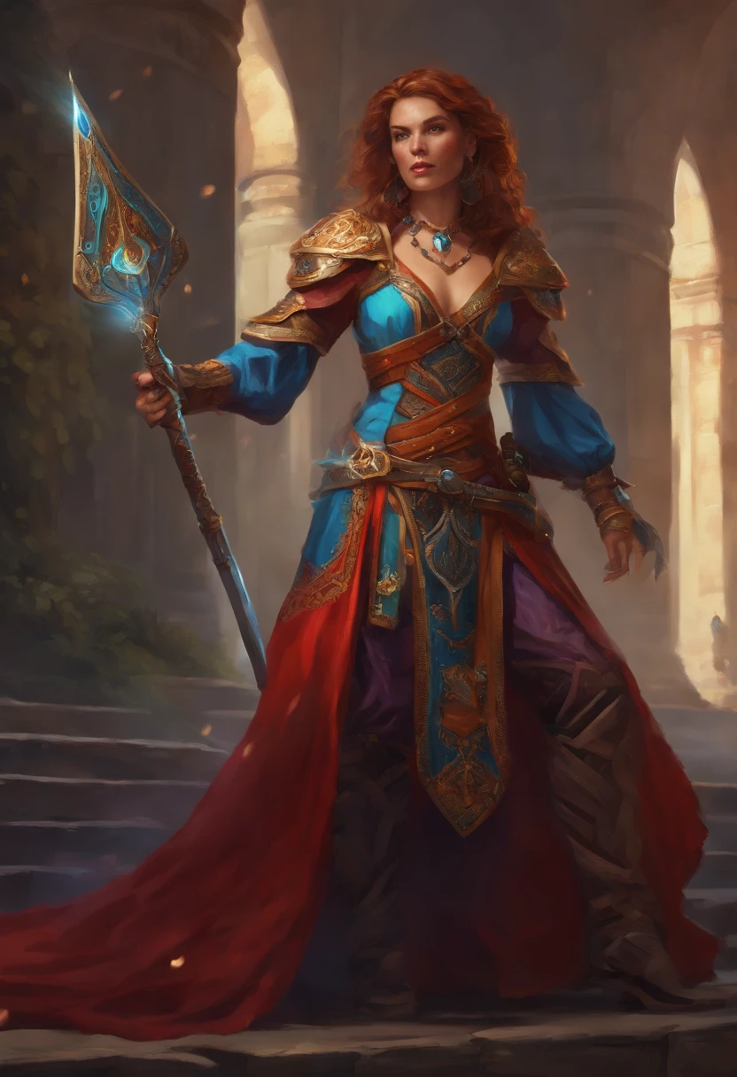fantasy dnd style character, war mage, elaborate unique weapons, colorful, full body