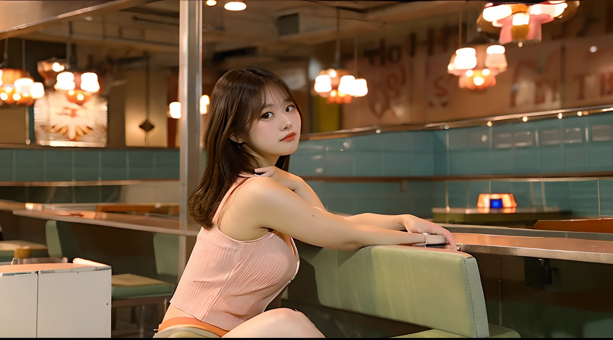 18-year-old waitress in a peach-colored miniskirt