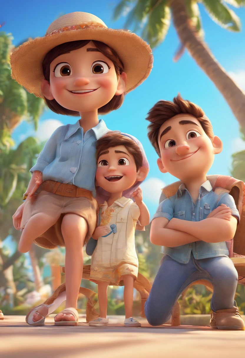 Cartoon of friends having fun on vacation together, 3D Animation Movie Poster, Poster de filme animado, pixar 3 d animation style, pixar renderman rendering, maia 8 mil, animated film, Disney Pixar Estilo 3D, amigos felizes saem juntos, all wearing light blue shirts and cream brown long pants, camisa azul clara, cream brown pants, ao ar livre, vacation, Disney Pixar Animation Poster