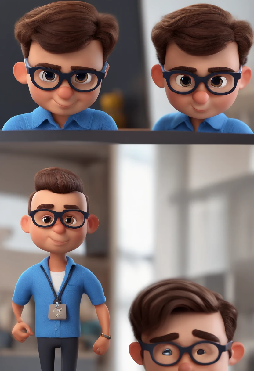 Cartoon character of a man with black glasses and a blue shirt, animation character, Caractere estilizado, animation style rendering, 3D estilizado, Arnold Maya render, 3 d render stylized, toon render keyshot, Personagem 3D, Personagem 3D, 3d rendering stylized, 3 d character render, personagem de desenho animado, Personagem de close up, Pose de personagem, (Estilo Pixar) (master part:1.2) (Bokeh) (best quality) (pele detalhada) (textura detalhada) (8k) (argila) (Cinematic lighting) (foco nítido