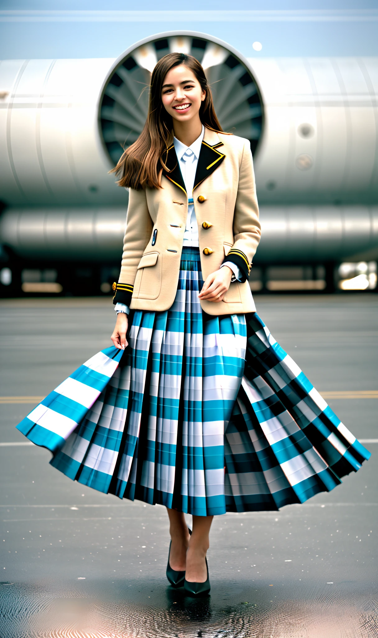 (shy:1,2) (smiling;1,1) woman playing with skirt, dancing, wearing short blazer and very very detailed (long (fully pleated) full circle skirt) and (simple) low heeled office shoes, very very intricate hyper-detailed symmetric (attractive graceful young feminine face) with (sad, tired eyes and a shy smile), large breasts, full of empathy and compassion and love, (pronounced (feminine) features), (highly detailed ultra accurate realistic) hands and fingers, (windy conditions and wind blowing), epic composition, highly detailed attributes, highly detailed space station background, (35mm f1.4 Kodak portra 400 photograph), extremely high quality RAW photograph,