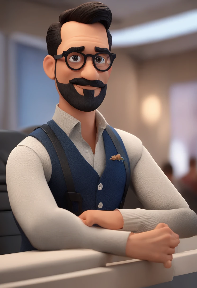 Cartoon character of a man wearing black glasses and a blue shirt, um personagem animado, Caractere estilizado, animation style rendering, 3D estilizado, Arnold Maya render, 3 d render stylized, toon render keyshot, Personagem 3D, Personagem 3D, 3d rendering stylized, 3 d character render, personagem de desenho animado, Personagem de close up, Pose de personagem, (Estilo Pixar) (master part:1.2) (Bokeh) (best quality) (pele detalhada) (textura detalhada) (8k) (argila) (Cinematic lighting) (foco nítido,Senta e vaza a parte superior do corpo