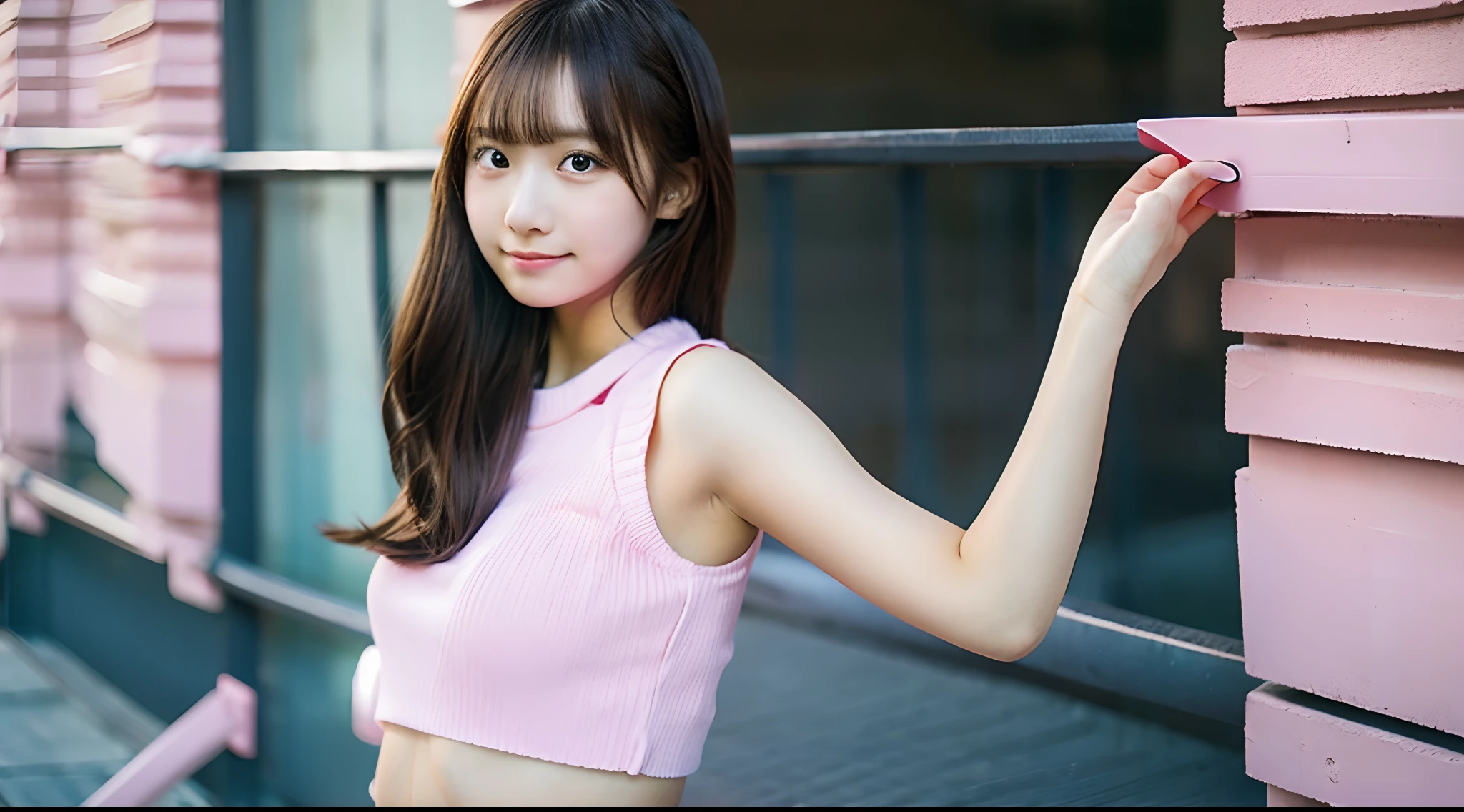 (Best-quality, Masterpiece, Ultra-High-Resolution, (Photorealistic:1.4), Raw Photo, depth of field, professional lighting, perfect anatomy, extremely details), 1girl, -yeld, thost famous Japanese idol, ((wearing extremely cute-lacy light-pink casual-dress with cute-design)), looking at viewer, (((innocent smile))), (((upturned ass))), (((hands on hip))), ((extremely cute face, ((extremely cute and extremely big black-realistic-eyes)), extremely cute black-hair) extremely cute long-eyelashes, extremely cute lips), (((extremely beautiful and extremely realistic skins))), extremely beautiful thighs