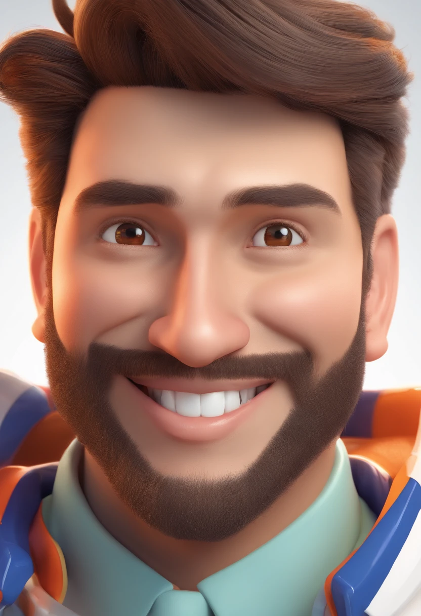 Smiling Man Illustration, sorriso insano, Homem de pele marrom com um sorriso gigante, happily smiling at the camera, sorriso atrevido, he's smiling, sorriso muito grande, Macho sorridente, foto de perfil headshot, rindo sorriso enorme, desenhando no estilo de Arte 3D, c4d, fundo de cor branco puro, estilo disney, estilo pixar render ilustracao Super Detalhe, 8k
