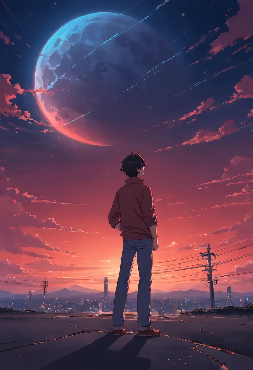 Under a dark red sky, A handsome man looked calmly at the twisted and terrifying moon in the sky