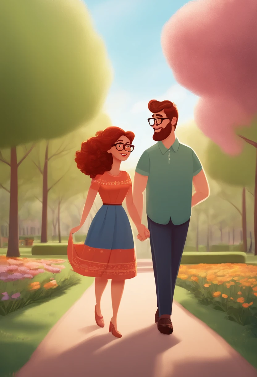 Image of a couple for a story in a YouTube video in Pixar format, He is tall, chubby, with black hair and a beard, She is short, chubby, red hair, big eyes, and wears glasses, He's shy, She is playful and dresses very relaxed. They're in a park strolling in love