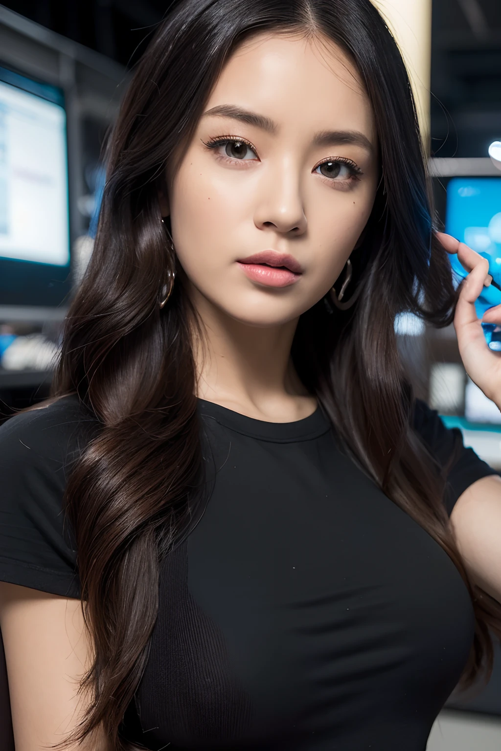 (photorealistic portrait:1.4), (masterpiece), bestquality, (detailed face:1.8), Nail Details, Finger details, (Realistic:1.5), RAW photo, original,highres, Ultra-realistic 8K,full body shot with high heel,1 girl ,wearing a black t-shirt with no pattern, Jeans, she is in a computer shop that is designed in a modern style, blue and black tones,bokeh light