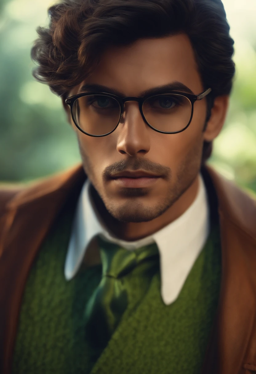 Criar um personagem no estilo pixar dentro de um jaleco. personagem homem cabelo castanho escuro, Rectangular glasses, barba, olhos verde escuro.