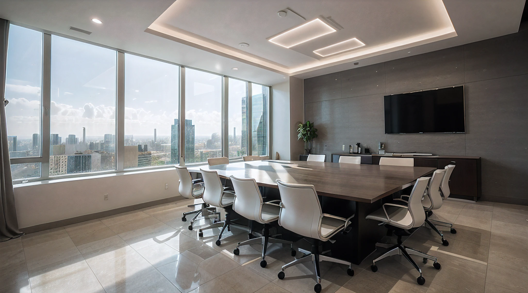 A modern meeting room,(best quality:1.2,ultra-detailed,realistic:1.37),professional,well-lit,contemporary design,spacious and clean,large conference table with polished surface,comfortable ergonomic chairs,impressive floor-to-ceiling windows offering panoramic views of the city skyline,high-tech audiovisual equipment including a large screen and projector,modern artwork adorning the walls,smart lighting system with adjustable brightness and color temperature,s