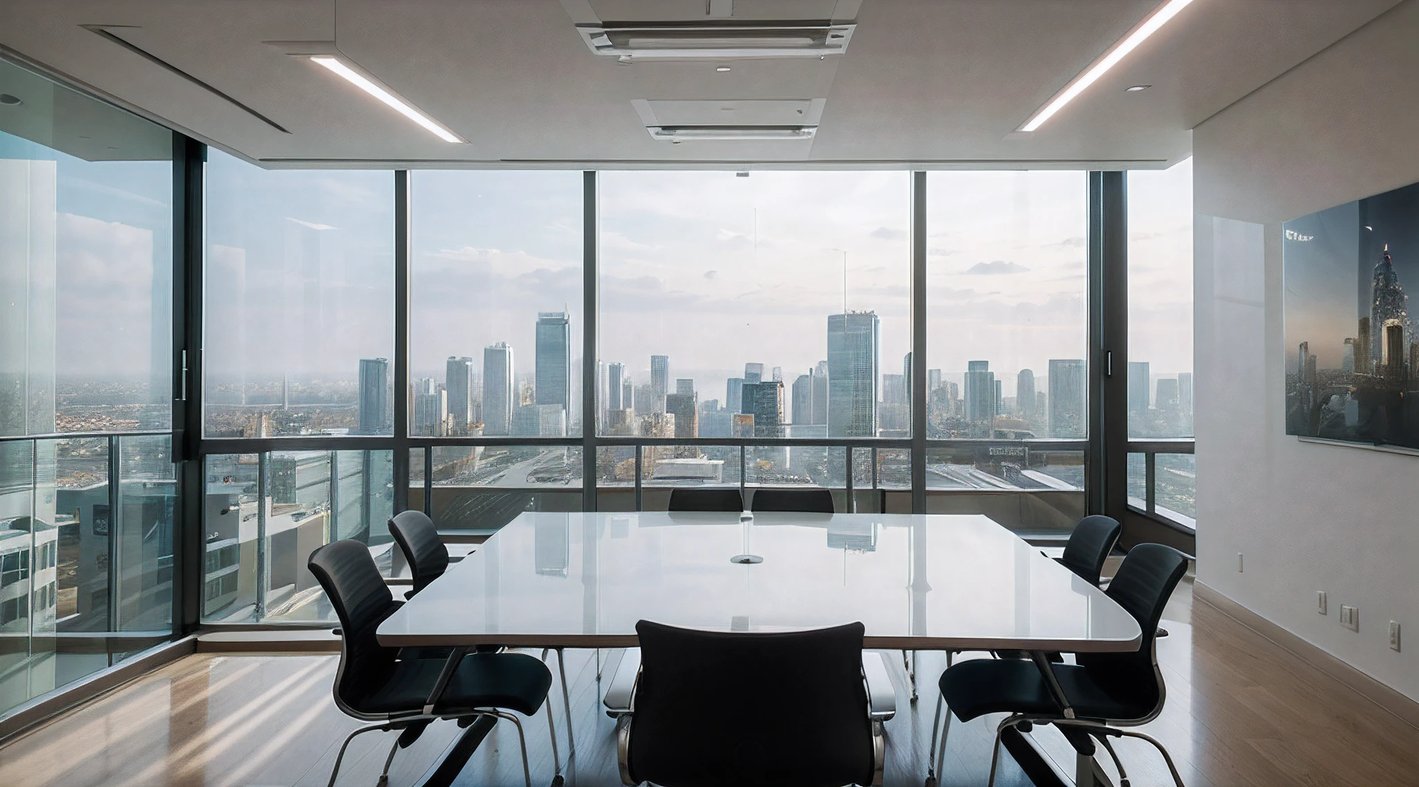 A modern meeting room,(best quality:1.2,ultra-detailed,realistic:1.37),professional,well-lit,contemporary design,spacious and clean,large conference table with polished surface,comfortable ergonomic chairs,impressive floor-to-ceiling windows offering panoramic views of the city skyline,high-tech audiovisual equipment including a large screen and projector,modern artwork adorning the walls,smart lighting system with adjustable brightness and color temperature,s