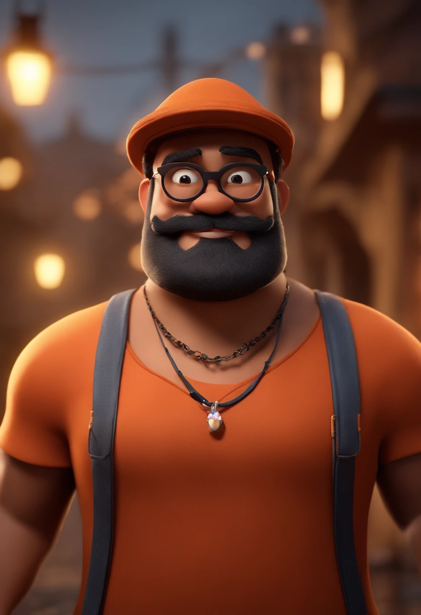Cartoon character of a man with black glasses and a blue shirt, animation character, Caractere estilizado, animation style rendering, 3D estilizado, Arnold Maya render, 3 d render stylized, toon render keyshot, Personagem 3D, Personagem 3D, 3d rendering stylized, 3 d character render, personagem de desenho animado, Personagem de close up, Pose de personagem,  (Estilo Pixar) (master part:1.2) (Bokeh) (best quality) (pele detalhada) (textura detalhada) (8k) (argila) (Cinematic lighting) (Sharp FocusDisney-inspired 3D poster/pixar capturando uma cena com um homem de pele marrom claro, wearing orange cap, silver chain around the neck, full lips,, Negroid features, thin, very big beard, dark eyes, medium nose with a camera in his hand and in the background a slum
