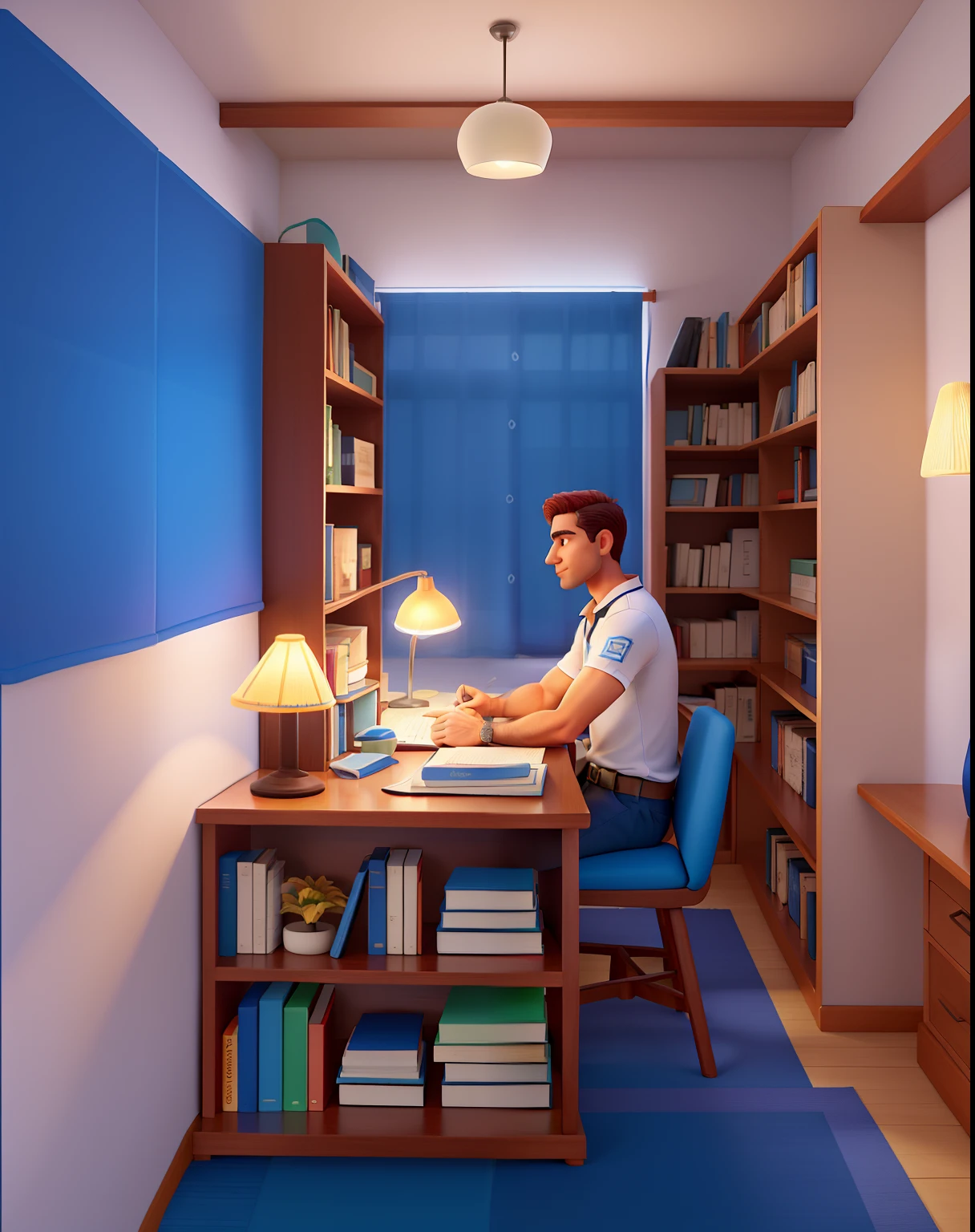 Um homem de 35 anos com um terno azul parado na frente, illuminated by the light of a lamp, contra o pano de fundo de uma biblioteca