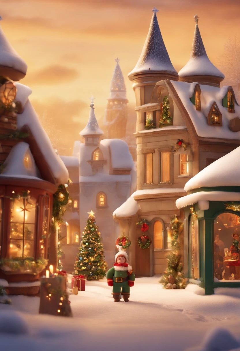 Make a Pixar-style character. She's a 40-year-old woman, branca, com cabelos castanhos escuros, lisos, de comprimento longo e olhos cor de mel. Ela deve usar uma camisa branca, brincos pequenos dourados e colar dourado. She's in a Christmas village, with tree, papai Noel, boneco de neve, guirlandas,