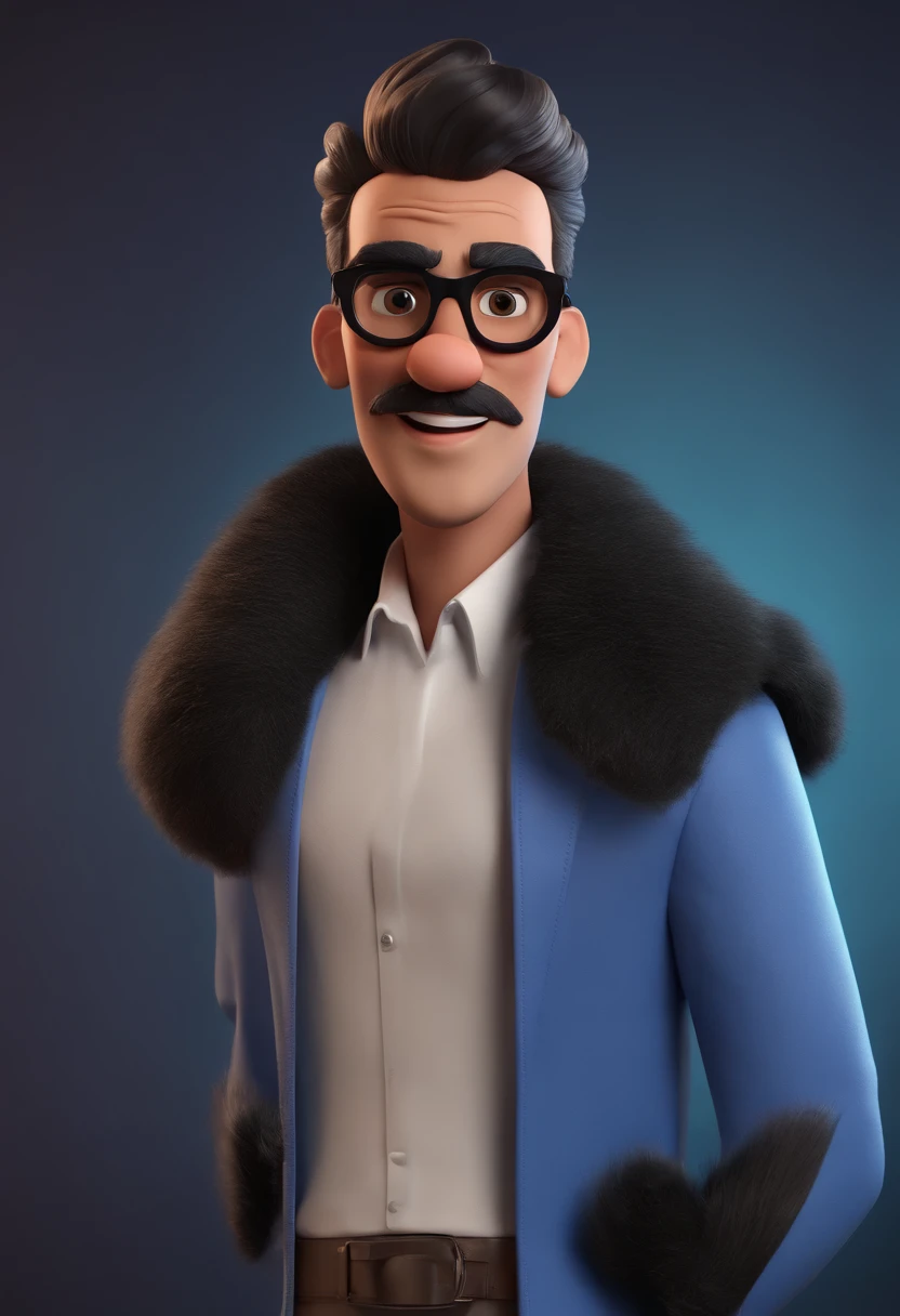 Cartoon character of a man wearing black glasses and a blue shirt, um personagem animado, Caractere estilizado, animation style rendering, 3D estilizado, Arnold Maya render, 3 d render stylized, toon render keyshot, Personagem 3D, Personagem 3D, 3d rendering stylized, 3 d character render, personagem de desenho animado, Personagem de close up, Pose de personagem, (Estilo Pixar) (master part:1.2) (Bokeh) (best quality) (pele detalhada) (textura detalhada) (8k) (argila) (Cinematic lighting) (foco nítido，Senta e vaza a parte superior do corpo