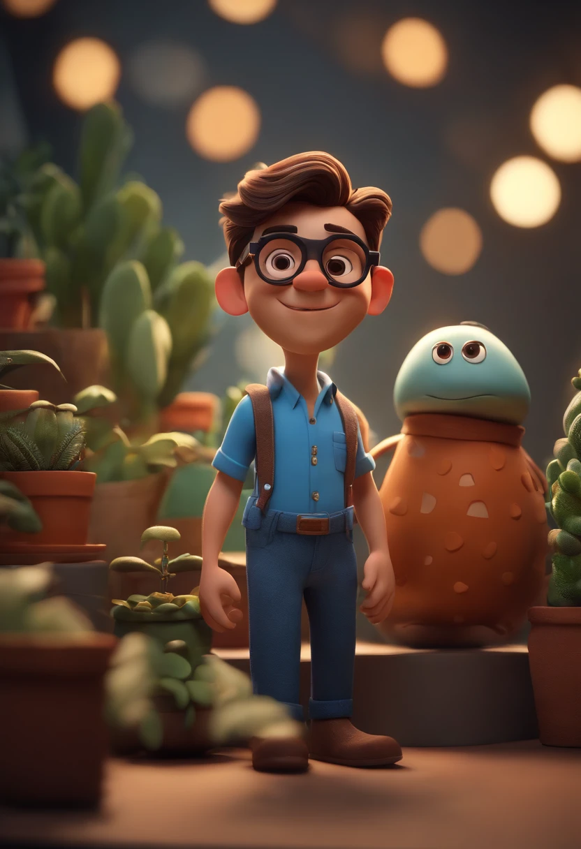 Cartoon character of a man wearing black glasses and a blue shirt, um personagem animado, Caractere estilizado, animation style rendering, 3D estilizado, Arnold Maya render, 3 d render stylized, toon render keyshot, Personagem 3D, Personagem 3D, 3d rendering stylized, 3 d character render, personagem de desenho animado, Personagem de close up, Pose de personagem, (Estilo Pixar) (master part:1.2) (Bokeh) (best quality) (pele detalhada) (textura detalhada) (8k) (argila) (Cinematic lighting) (foco nítido,Senta e vaza a parte superior do corpo