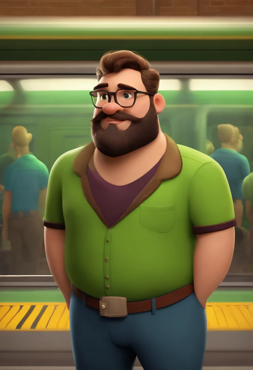Fazer um personagem da Pixar , a fat bearded man, brunette character with the green subway shirt, a subway conductor. O personagem tem que ter pelo menos 100 kg para ser 1,60 m de altura e c do mundo pixel . Foto de perfil