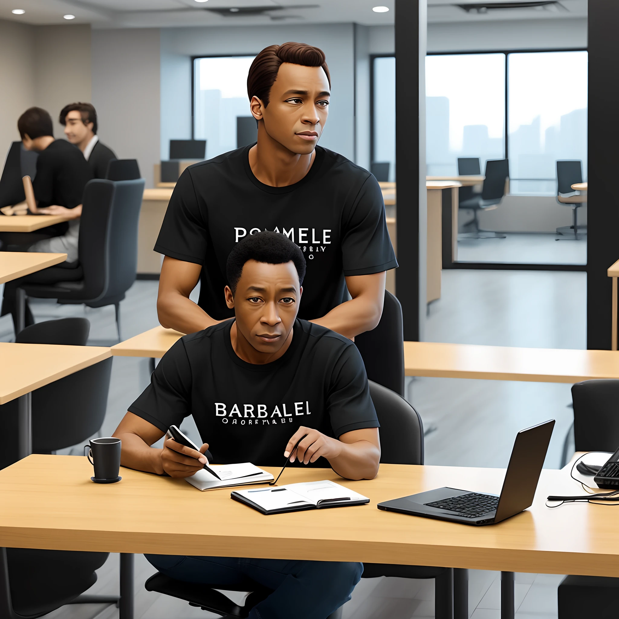 "Crie uma imagem estilo capa de filme da Disney Pixar (Disney Pixar Style Movie) with the following characteristics: homem, pele negra, falso magro, cabelos preto bem curto, medium face, Medium Black Eyes, barba com pouco volume, usando camisa branca, calca preta e sapato preto, Sitting at a desk with a computer inside a bank branch and answering his cell phone. Tables are white closed with red accents.