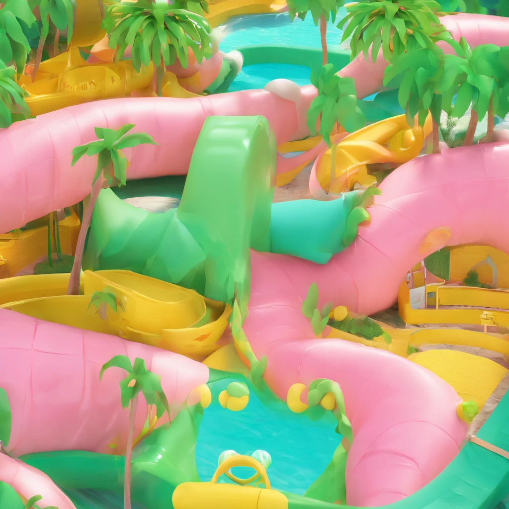 Criar uma de 8 anos, cabelo claro na altura dos ombros, green and pink swimsuit, olhos castanhos esverdeados, pele clara, boca rosada, sorrindo e brincando na piscina, Disney Scenery.
