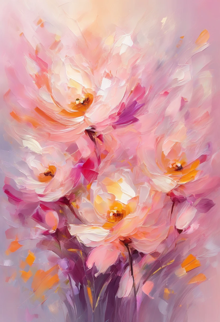 impressionistic flowers, pale pink color, Lots of light, Transparent glowing petals, Pure light tones, abstract painting (Masterpiece:1.2), Professional, Vivid colors, bokeh