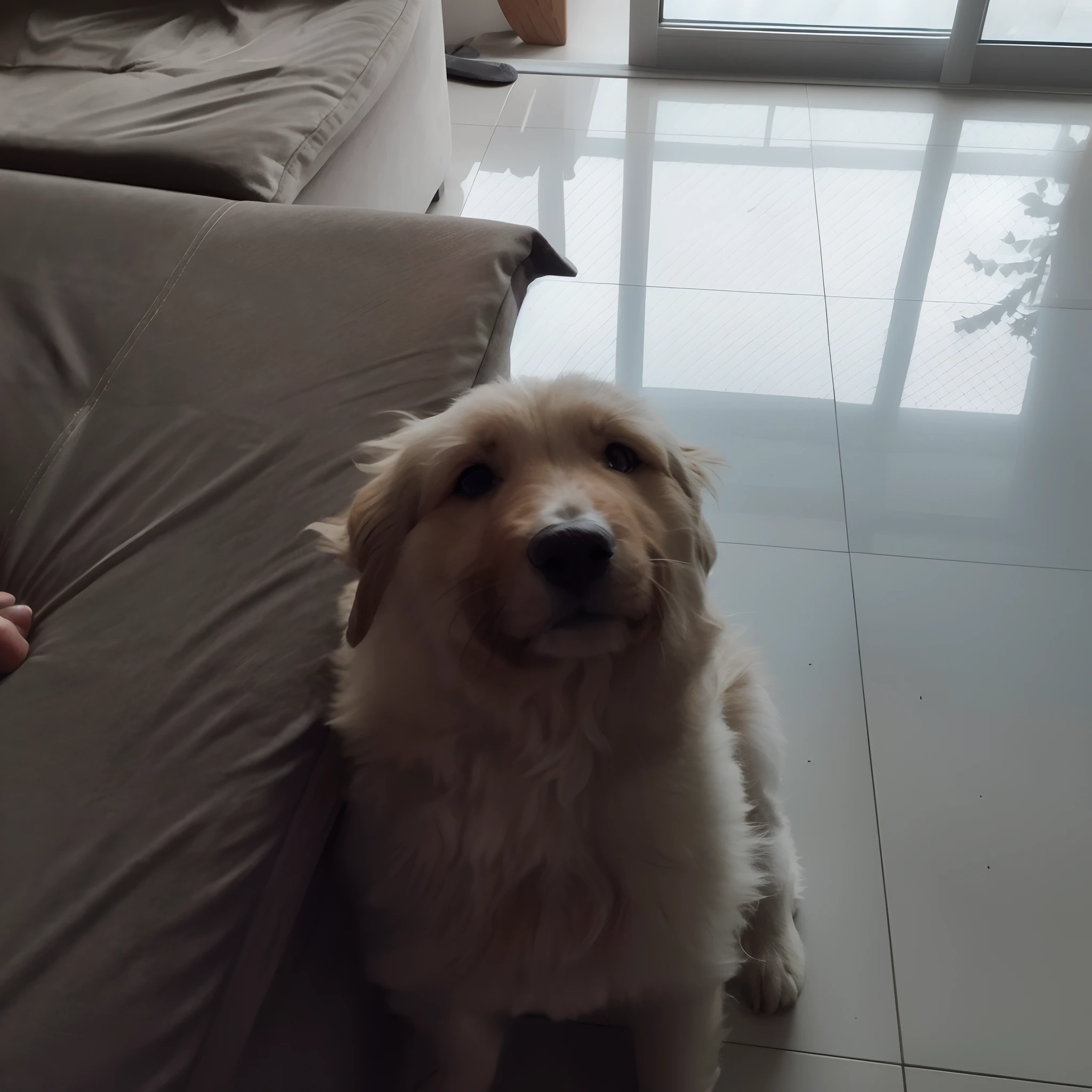 There's a dog sitting on the floor next to a couch, Mistura de Corgi e Doodle, olhar desleixado, (((oxidado))), taken with sony a7r camera, Tomado com Sony Alpha 9, pele loira, artistic pose, peludo bonito precisa de sua ajuda, Dog cute, looking-into-camera, captured with sony a3 camera, Olhar peruano, staring directly at camera