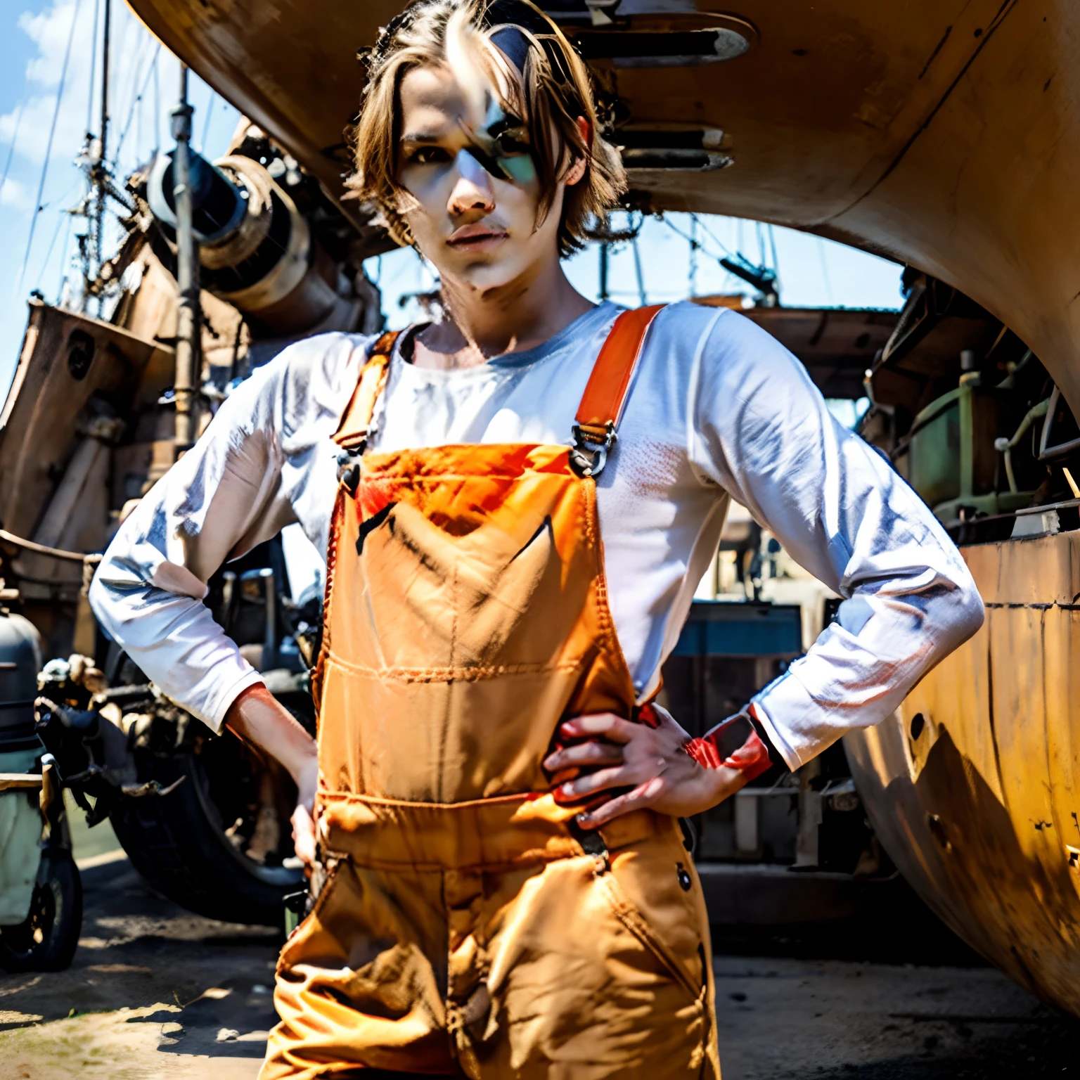 Personagem de desenho animado de um homem branco, cabelos e olhos castanhos, um pouco calvo, cabelo curto, nariz fino, half-fleshy lips, Wearing orange overalls next to a ship engine, Pose de personagem, Estilo Pixar