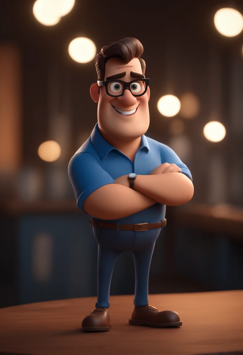 Cartoon character of a man with black glasses and a blue shirt, animation character, Caractere estilizado, animation style rendering, 3D estilizado, Arnold Maya render, 3 d render stylized, toon render keyshot, Personagem 3D, Personagem 3D, 3d rendering stylized, 3 d character render, personagem de desenho animado, Personagem de close up, Pose de personagem,  (Estilo Pixar) (master part:1.2) (Bokeh) (best quality) (pele detalhada) (textura detalhada) (8k) (argila) (Cinematic lighting) (foco nítido