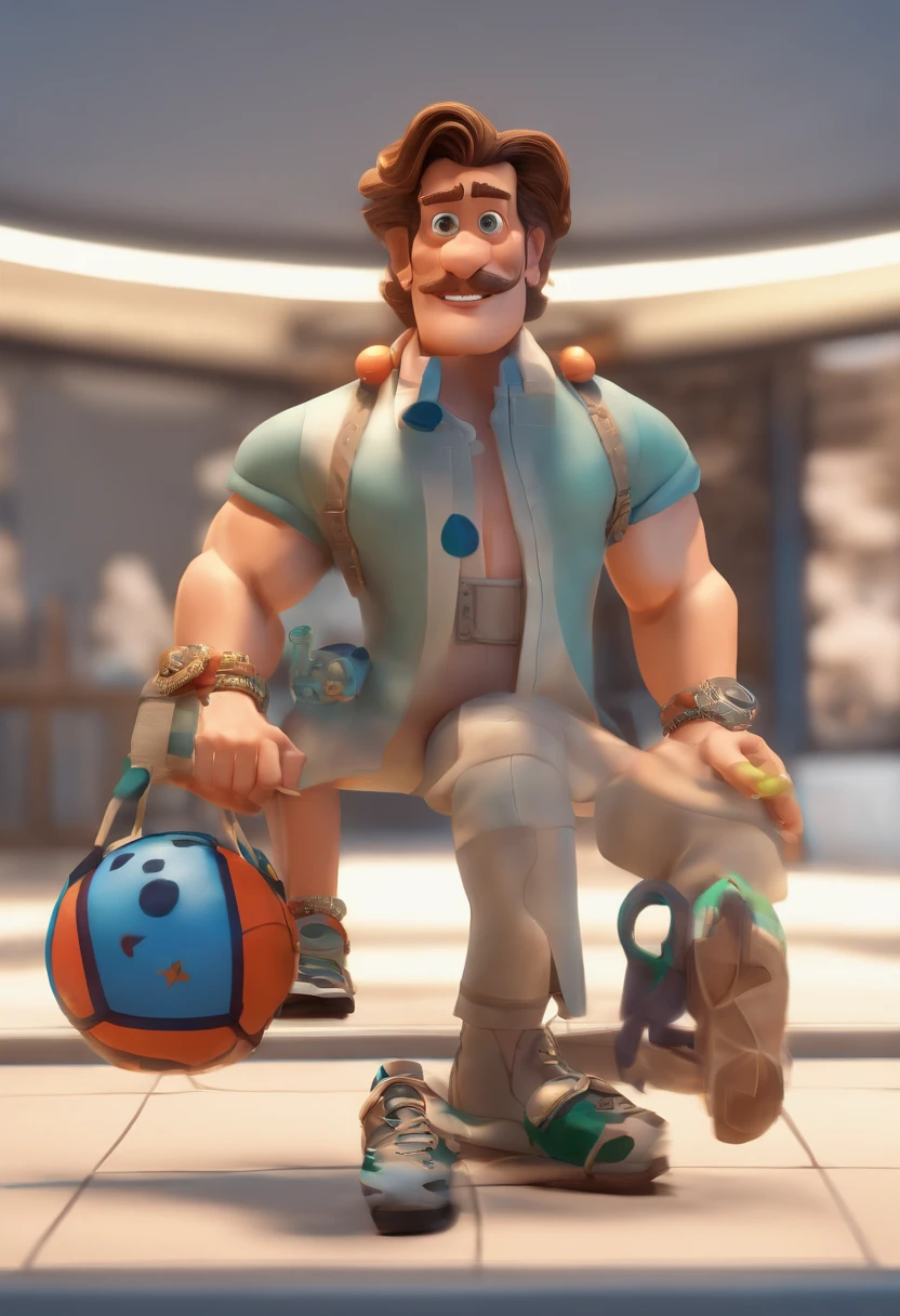 personagem dos desenhos animados de um homem com porte atletico, ele esta de bracos cruzados e com um semblante alegre, tem olhos verdes e cabelo curto, In the background is a fitness center with hardwood floors and cinematic lighting and a blue shirt, animation character, Caractere estilizado, animation style rendering, 3D estilizado, Arnold Maya render, 3 d render stylized, toon render keyshot, Personagem 3D, Personagem 3D, 3d rendering stylized, 3 d character render, personagem de desenho animado, Personagem de close up, Pose de personagem, (Estilo Pixar) (master part:1.2) (Bokeh) (best quality) (pele detalhada) (textura detalhada) (8k) (argila) (Cinematic lighting) (foco nítido