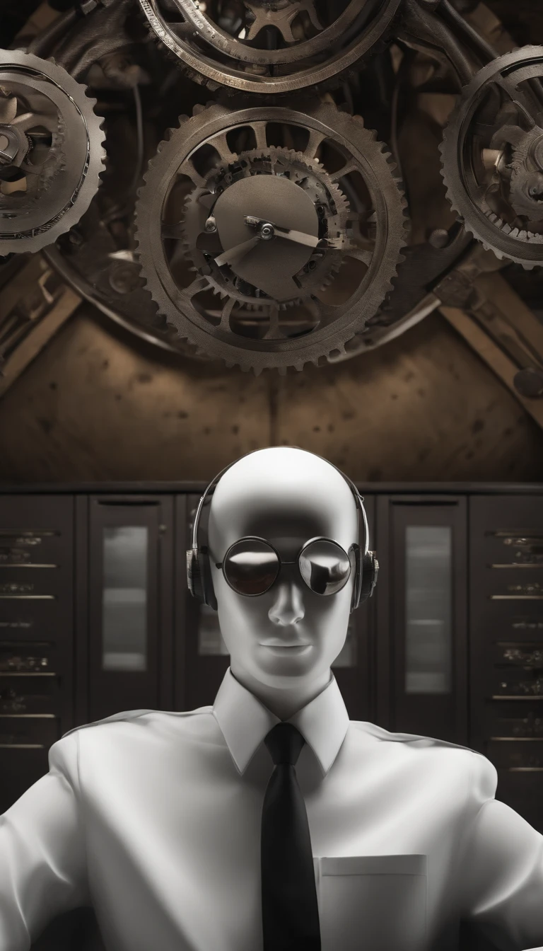 Young doctor with reflective face, olhar no horizonte, Head resting on arms on a table, with gears in the head, referring to limitations and beliefs arising from limiting beliefs, com palavras como se fossem pensamentos: I can't, I can't, That's impossible. Scenery of an evanescent modern office. epic style