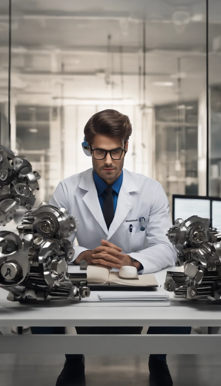 Young doctor with reflective face, olhar no horizonte, Head resting on arms on a table, with gears in the head, referring to limitations and beliefs arising from limiting beliefs, com palavras como se fossem pensamentos: I can't, I can't, That's impossible. Scenery of an evanescent modern office. epic style