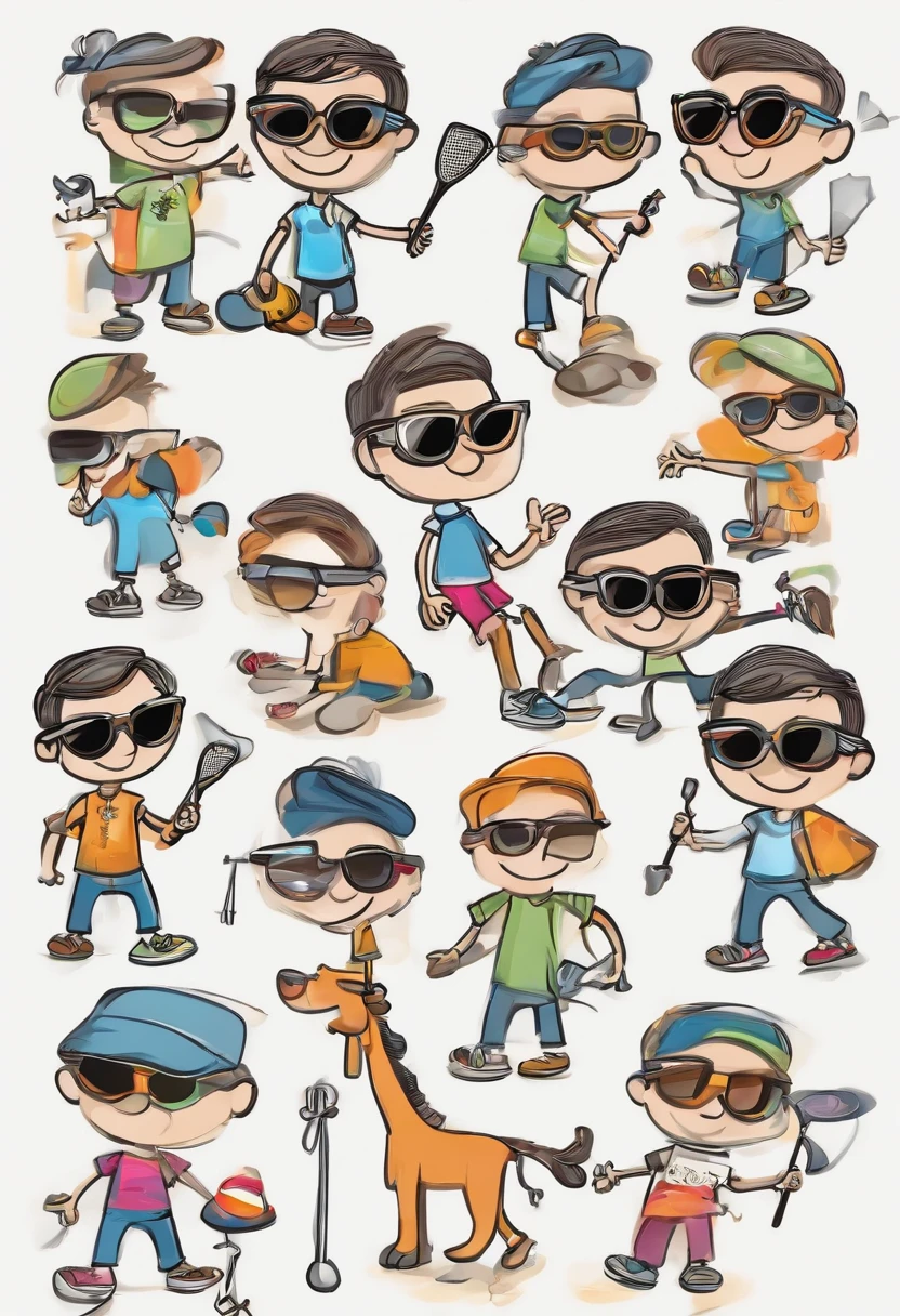 Cartoon sunglasses boy stick figures