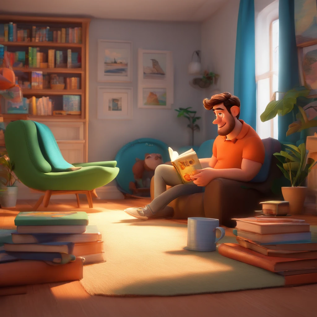 fundo branco, pixar desenhos animados 3D, homem lendo um livro, ::estilo pixar cartoon