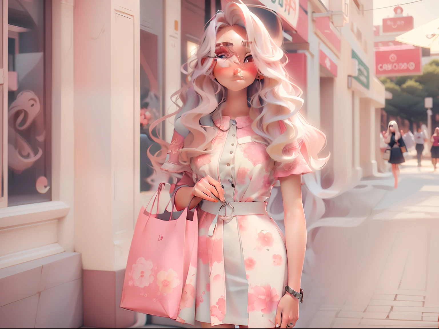 A girl standing with long wavy blond hair , olhos castanhos claros,com um vestido rosa claro em um shopping seios volumosos alta com um rosto corado uma bolsa branca