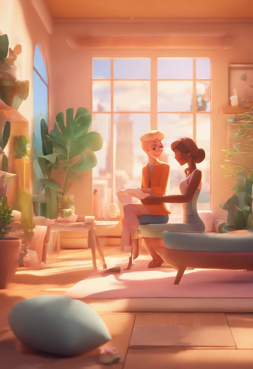An illustration of an adorable couple, Destacando um homem e uma mulher com beleza, Expressive eyes – the man's hair is bald and brown and he has a full beard, While the woman's hair is tied up in a bun and blonde. They are a bright space, Todos com um sorriso no rosto, e compartilhe um momento especial, That is marked by love, viagem, and pedagogical insights. Ilustre esta cena a partir de uma perspectiva, where they're facing away from the camera, Show Your Connection. Desenvolva esta arte em Full HD, Focus on your cinematic touch, Estilo Disney Pixar Animations
